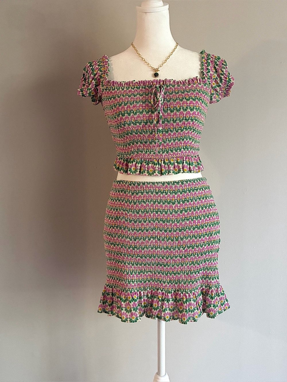 Zara Pink & green floral print smocked crop top & matching mini skirt set
